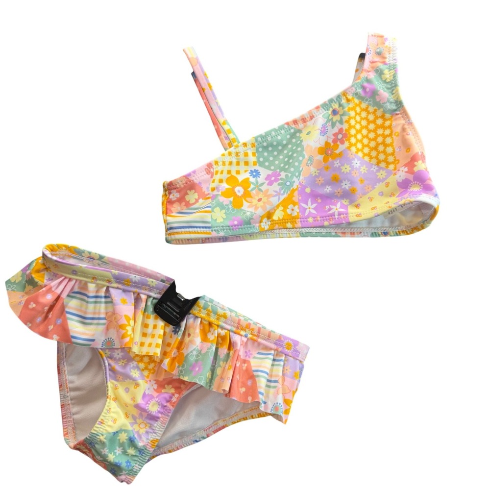 Wonder Nation Bikini Girls 4T Multicolor Patchwork Floral Ruffle Retro Swimsuit
